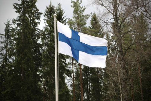 Suomen lippu salossa. Taustalla metsää.